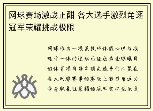 网球赛场激战正酣 各大选手激烈角逐冠军荣耀挑战极限
